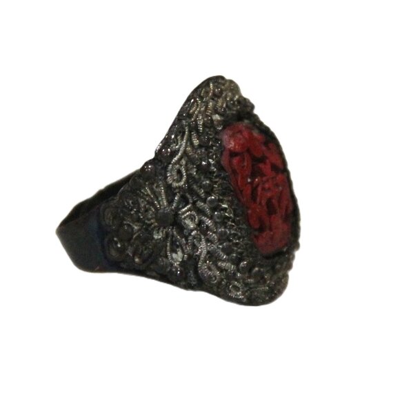 OLD CHINESE EXPORT CINNABAR & SILVER FILIGREE ADJUSTABLE RING - Picture 2 of 4